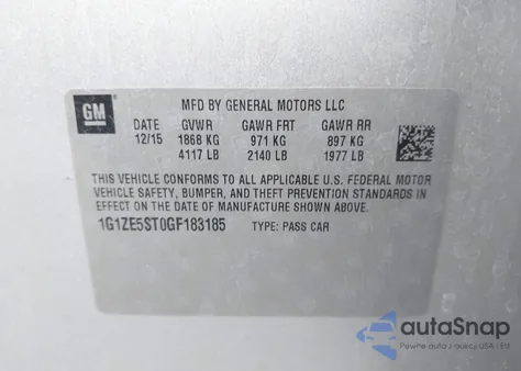 2016 Chevrolet Malibu 1Lt из США, поврежденный, VIN 1G1ZE5ST0GF183185